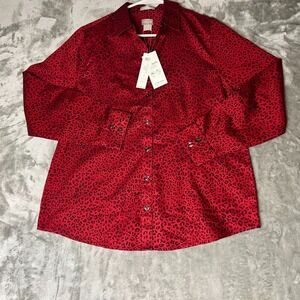 Chico's Shirt Womens 8/10 Red Black Leopard Print No-Iron Coolmax All-Seasons